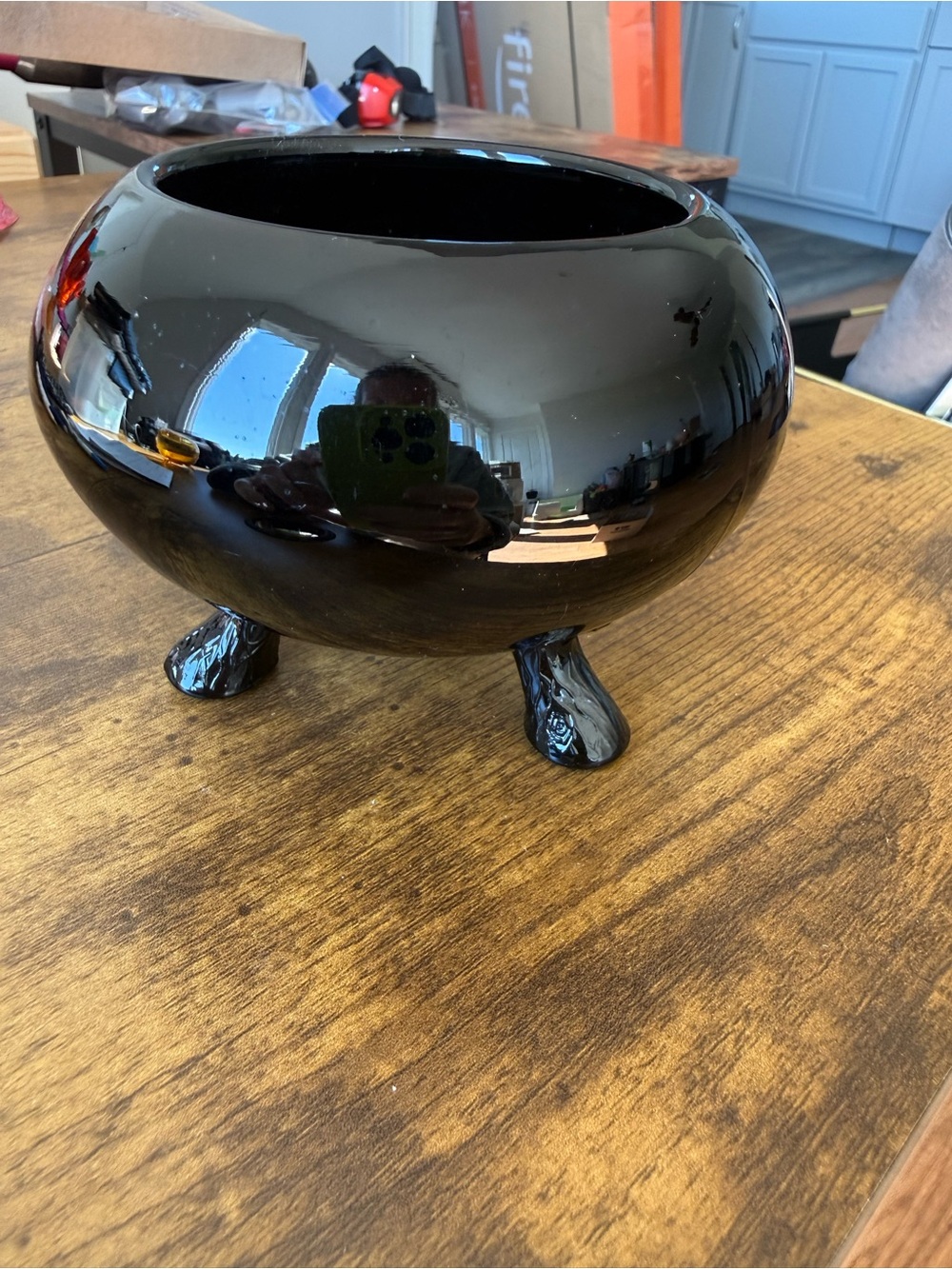 Vintage black three leg glass bowl / planter / dish - Viking glass (?)